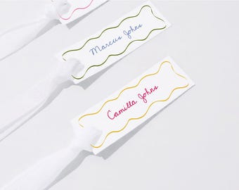 Curvy Wedding Place Cards, Colorful, Slim, Hand Drawn, Also Use as Escort Cards with Table Number & Meal Icons, Printable Editable Template