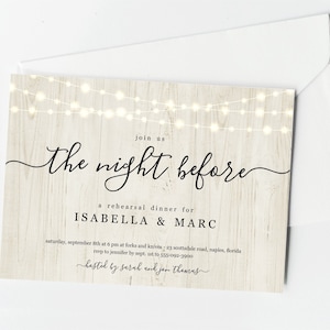 The Night Before Rehearsal Dinner Invitation Template, Printable Simple Rustic Wood & Fairy Light Invite Evite Instant Download Digital File