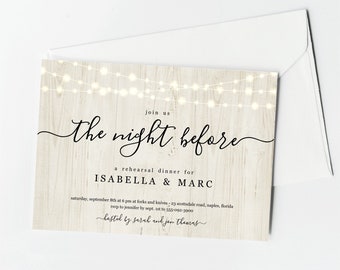 The Night Before Rehearsal Dinner Invitation Template, Printable Simple Rustic Wood & Fairy Light Invite Evite Instant Download Digital File