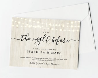 The Night Before Rehearsal Dinner Invitation Template, Printable Simple Rustic Wood & Fairy Light Invite Evite Instant Download Digital File