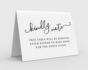 Note for Guests - Table Will Be Removed After Dinner to Make Room for Dance Floor Folded Tent Card, Printable Template Download Digital File