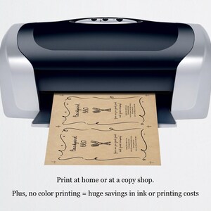 May include: A black and silver printer printing two tan-colored sheets of paper. The paper has the words "Backyard BBQ" and other text. The image also includes the text "Print at home or at a copy shop."