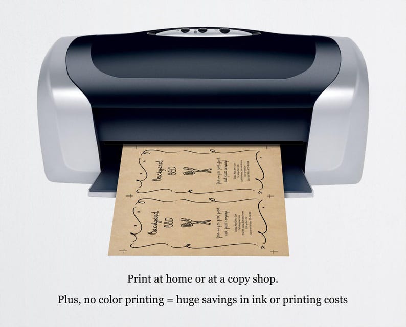 May include: A black and silver printer printing two tan-colored sheets of paper. The paper has the words "Backyard BBQ" and other text. The image also includes the text "Print at home or at a copy shop."