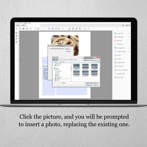 May include: A screenshot of a laptop screen showing a PDF editing software. The software has a toolbar with options to export, create, edit, combine, organize, protect, optimize, fill and sign, send and track, and more. The software is open to a document with a picture of a chocolate chip cookie. The user is prompted to click the picture to insert a new photo.