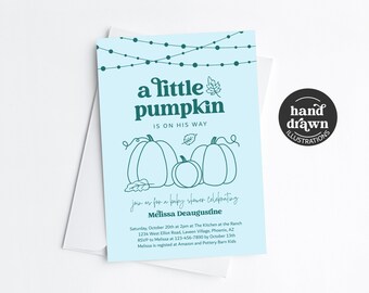Boys Pumpkin Baby Shower Invitation Template, Printable Fall Autumn Blue A Little Pumpkin Hand Drawn Invite Evite Digital Download