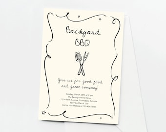 Backyard BBQ Invitation Template, Printable Summer Barbeque Cookout Party, Hand Drawn Barbecue Doodles, Instant Download Digital File PDF
