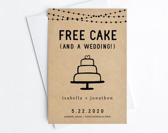 Free Cake Funny Save the Date Card, Printable Invitation Template, Rustic Kraft Paper, Editable Instant Download Digital File