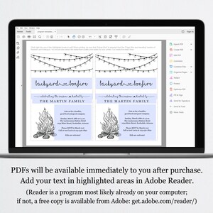 May include: Two printable invitations for a backyard bonfire party. The invitations feature a campfire illustration, string lights, and the text "backyard bonfire celebrating the season hosted by THE MARTIN FAMILY".