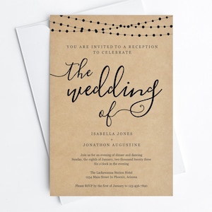 May include: A rustic brown wedding invitation with string lights at the top. The text reads "You are invited to a reception to celebrate the wedding of Isabella Jones and Jonathon Augustine." The invitation includes the date, time, and location of the reception. It also includes an RSVP request.