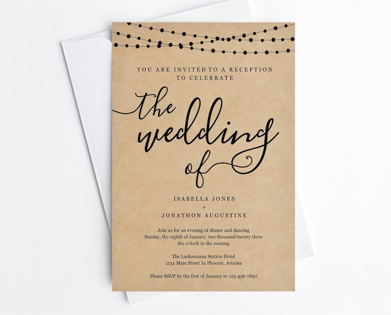 May include: A rustic brown wedding invitation with string lights at the top. The text reads "You are invited to a reception to celebrate the wedding of Isabella Jones and Jonathon Augustine." The invitation includes the date, time, and location of the reception. It also includes an RSVP request.