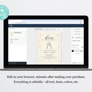 May include: A digital screen displaying a customizable invitation template for a 20th anniversary celebration. The template features a gold background with a champagne glass design and the text "Cheers to Twenty Years".