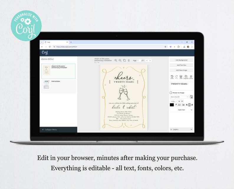May include: A digital screen displaying a customizable invitation template for a 20th anniversary celebration. The template features a gold background with a champagne glass design and the text "Cheers to Twenty Years".