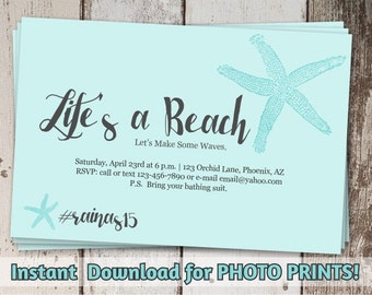 Beach Invitation - Birthday Party (adults & kids) - Printable Digital File Instant Download - Photo prints or card stock - Starfish