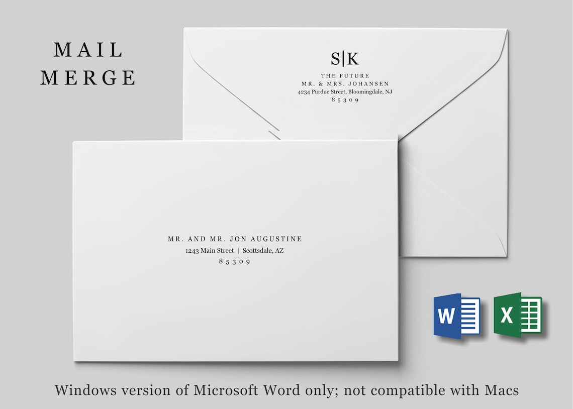 Mail Merge Address Template for Envelopes Microsoft Word Etsy