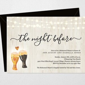 May include: A rustic woodgrain invitation with string lights and a couple of beer glasses with a heart above them. The text reads "the night before" and "Join us for a Rehearsal Dinner in honor of: JON AUGUST AND ISABELLA JONES" with the date, time, location, and RSVP information.
