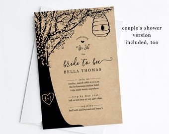 Bride to Bee Bridal Shower Invitation Template, Couples Wedding Shower Invite & Evite, Printable Instant Download Digital File, Rustic Kraft