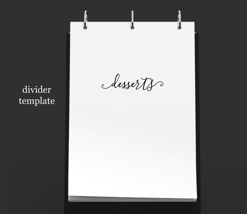 May include: A white divider template with three silver rings at the top. The text "desserts" is written in cursive on the page.