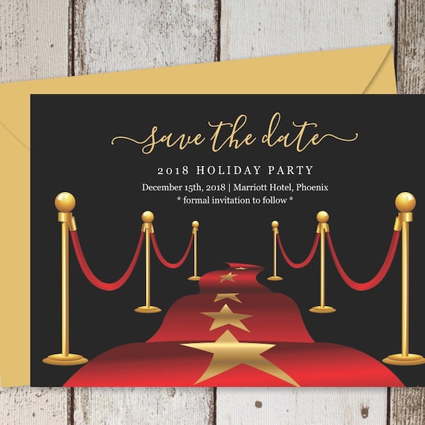 Red Carpet Save the Date Card Template - Afdrukbare Hollywood-themafeest Save the Date-uitnodiging, verjaardag, pensioen, Grand Opening Event