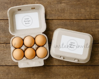 Egg Carton Mockup, Egg Stamp Mockup, 6 Pack Inside & Outside Carton View with and without Blank Labels, Rustic Farm Packaging Mock Up JPGs