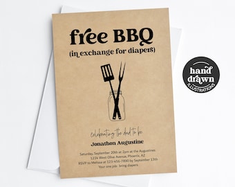 BBQ Diaper Party Invitation Template, Printable Fun Funny Free BBQ Diaper Shower Invite for Men / Dad, Evite Download Digital File Kraft