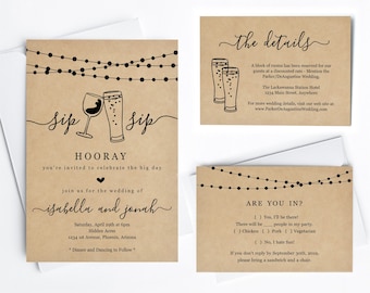 Fun Wedding Invitation Template - Sip Sip Hooray Funny Wine and Beer Printable Set - Rustic Kraft Paper | Instant Download PDF Suite - Light