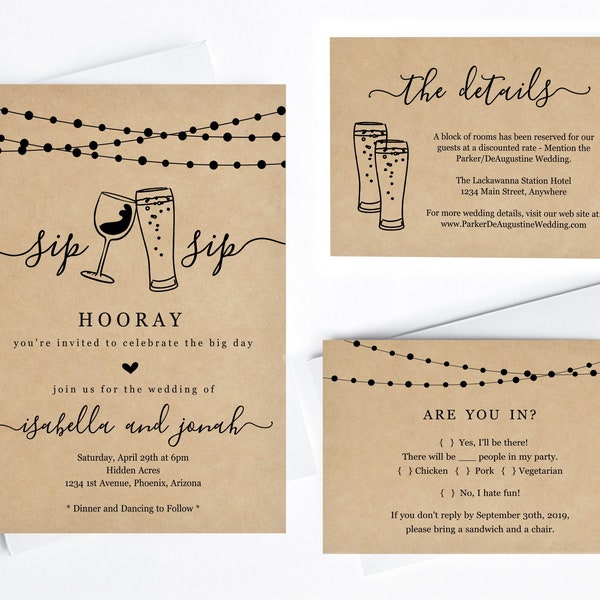 Fun Wedding Invitation Template - Sip Sip Hooray Funny Wine and Beer Printable Set - Rustic Kraft Paper | Instant Download PDF Suite - Light