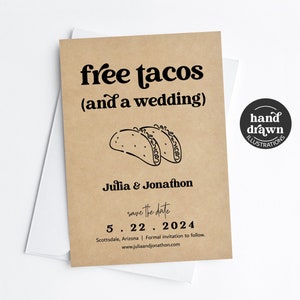 Kostenlose Tacos lustig Speichern Sie die Datumskarte, druckbare Einladung Vorlage, Spaß mexikanische Fiesta, Kraftpapier, bearbeitbare Sofort Download digitale Datei