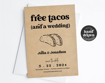 Free Tacos Funny Save the Date Card, Printable Invitation Template, Fun Mexican Fiesta, Kraft Paper, Editable Instant Download Digital File