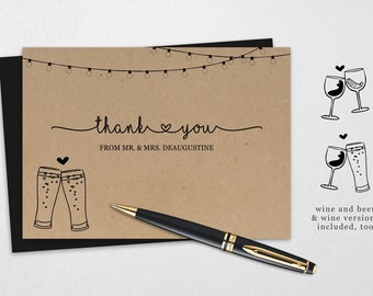 Beer Wine Wedding Thank You Card Printable Template - Rustic Brewery Pint Glass Toast on Kraft Paper | DIY 4x6, 5x7 PDF Instant Download