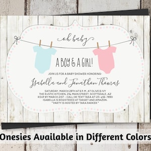 Rustic Baby Shower Invitation for Twin Girls, Boys, or Gender Neutral - Printable Template - Instant Download Digital File 5x7 PDF - Onesies image 1