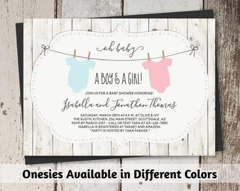 Rustic Baby Shower Invitation for Twin Girls, Boys, or Gender Neutral - Printable Template - Instant Download Digital File 5x7 PDF - Onesies