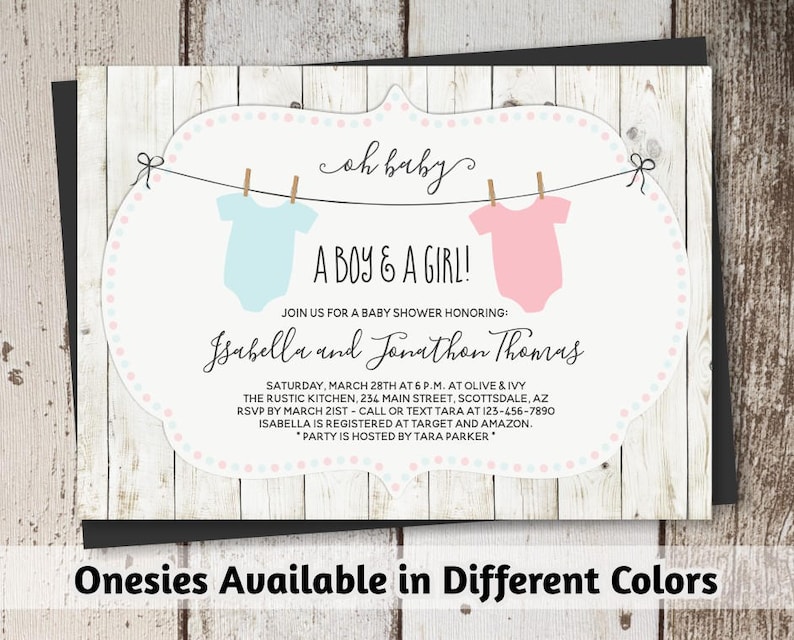 Rustic Baby Shower Invitation for Twin Girls, Boys, or Gender Neutral - Printable Template - Instant Download Digital File 5x7 PDF - Onesies image 1