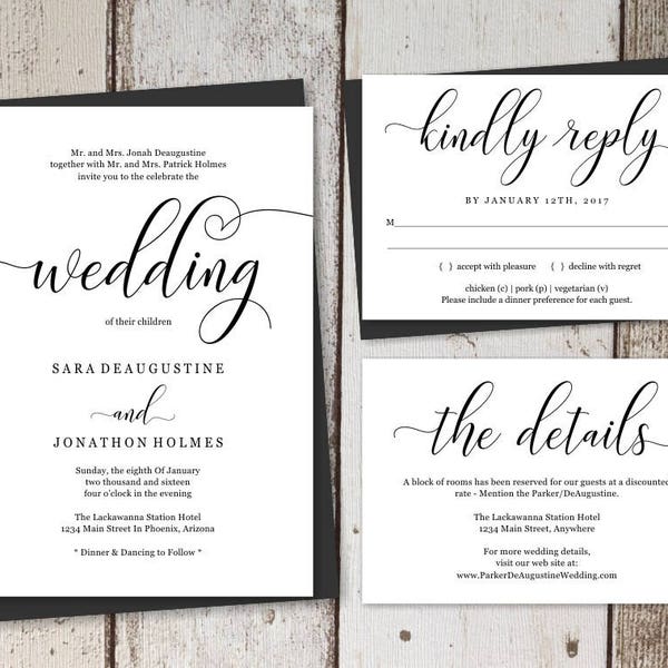 Traditional Wedding Invitation Template Printable Set - Formal Wording in Modern Calligraphy - Editable Instant Download Digital File Suite