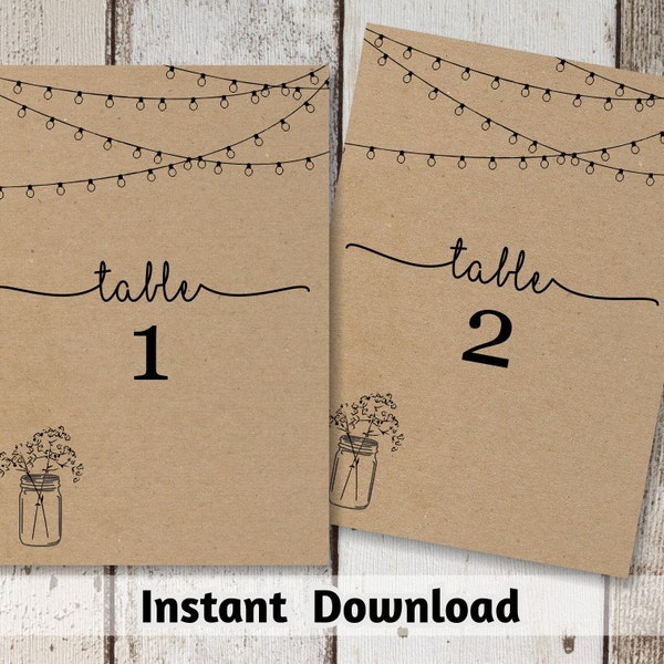 Wedding Table Number Printable - Table Card Template - Rustic Mason Jar, Fairy lights on Kraft Paper | Editable PDF Instant Download 4x6 5x7