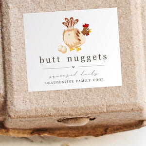 Butt Nugget eierdoos labelsjabloon, afdrukbare grappige kip sticker, personaliseren voor boerderij of kippenhok, bewerkbaar digitaal bestand direct downloaden