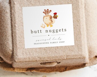 Butt Nugget Egg Carton Label Template, Printable Funny Chicken Sticker, Personalize for Farm or Coop, Editable Digital File Instant Download