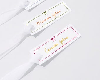 Bow Wedding Place Cards, Colorful, Slim, Hand Drawn, Also Use as Escort Cards with Table Number & Meal Icons, Printable Editable Template