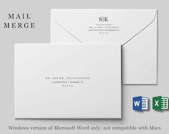 Mail Merge Address Template for Envelopes, Microsoft Word Excel, Printable Minimalist Instant Download Digital File A7, Wedding Christmas