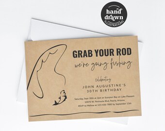 Men's Fishing Invitation Template, Printable Funny Adult Birthday Retirement Bachelor Party Invite Evite Digital Download, Grab Your Rod