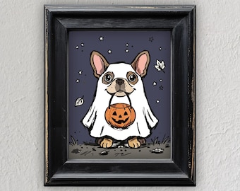 May include: A framed illustration of a French Bulldog wearing a white ghost costume. The dog holds an orange jack-o'-lantern bucket in its mouth. The background is a dark purple color with small white stars and scattered leaves.