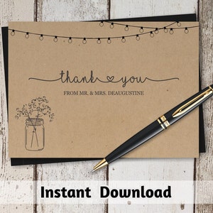 Modèle de carte de remerciement de mariage imprimable - Pot Mason rustique et lumières féeriques sur papier kraft | Téléchargement instantané PDF DIY modifiable | 4x6 et 5x7