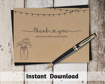 Printable Wedding Thank You Card Template - Rustic Mason Jar & Fairy Lights on Kraft Paper | Editable DIY PDF Instant Download | 4x6 and 5x7