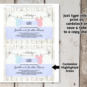 Rustic Baby Shower Invitation for Twin Girls, Boys, or Gender Neutral - Printable Template - Instant Download Digital File 5x7 PDF - Onesies image 3