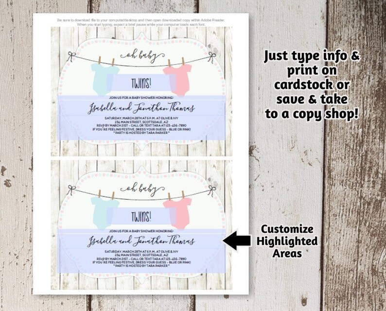 Rustic Baby Shower Invitation for Twin Girls, Boys, or Gender Neutral - Printable Template - Instant Download Digital File 5x7 PDF - Onesies image 3