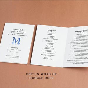 May include: A white graduation program with blue text. The cover reads "welcome to the MILLER FAMILY HOME SCHOOL High School Graduation" with a large blue "M". The program is open to display the program and opening reading.