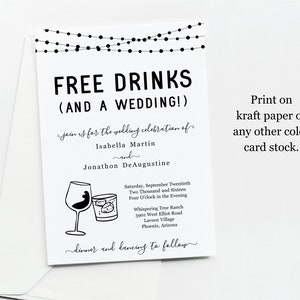 Funny Wedding Invitation Template, Free Drinks Fun Printable Set, Rustic Kraft Paper, Instant Download Digital File PDF Suite, Wine Cocktail image 2