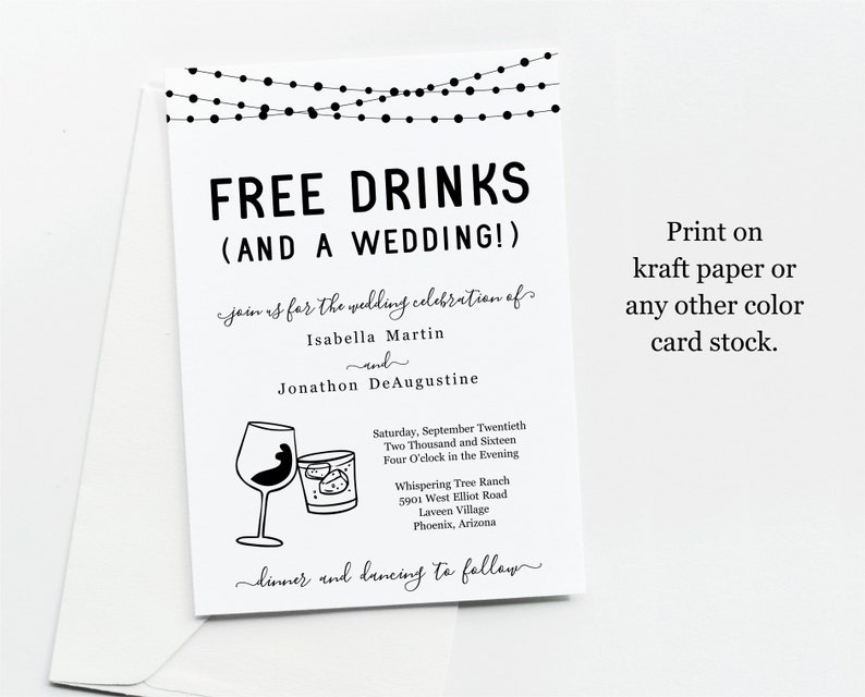 Funny Wedding Invitation Template, Free Drinks Fun Printable Set, Rustic Kraft Paper, Instant Download Digital File PDF Suite, Wine Cocktail image 2