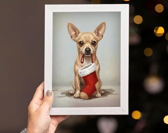May include: A framed print featuring a tan Chihuahua dog sitting and holding a red Christmas stocking with a white faux fur cuff in its mouth. The artwork is enclosed in a simple white rectangular frame with a textured wood grain finish.