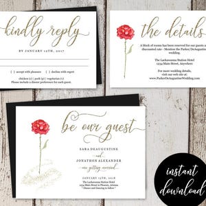 Beauty and the Beast Wedding Invitation Template Printable Set - Red Rose, Gold Glitter Editable Instant Download Digital File DIY PDF Suite