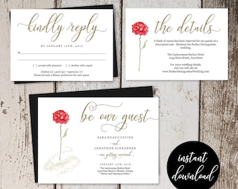 Beauty and the Beast Wedding Invitation Template Printable Set - Red Rose, Gold Glitter Editable Instant Download Digital File DIY PDF Suite